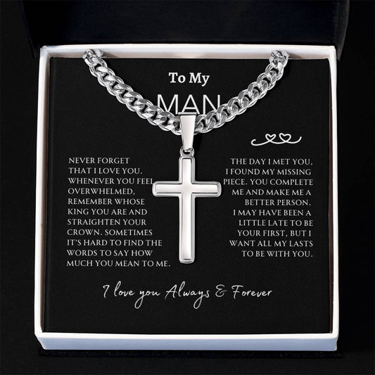 Cross on Cuban Link Chain | Personalized | To My Man | Never Forget | Gift For Him